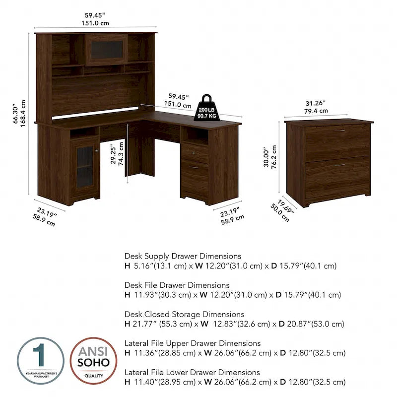 Bureau d'angle avec huche et classeur Cabot 60 W