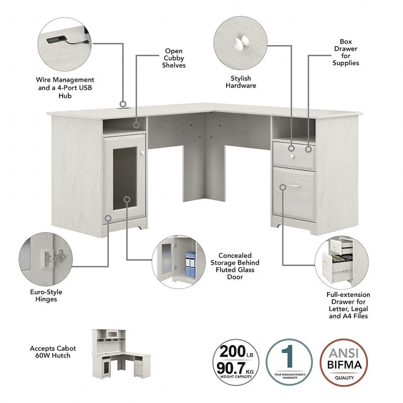 Bureau d'angle avec huche et classeur Cabot 60 W