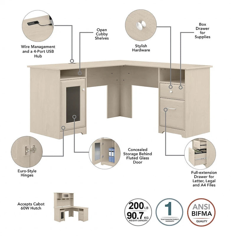 Bureau d'angle avec huche et classeur Cabot 60 W