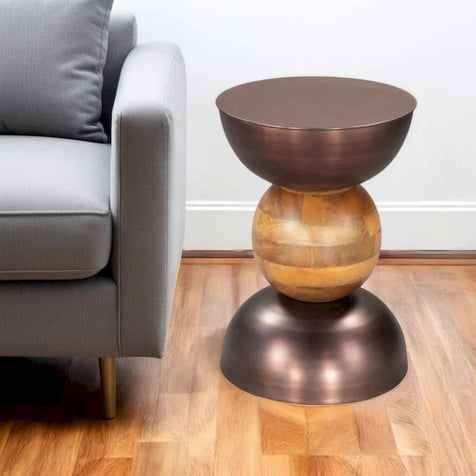 Table d'appoint ronde en bronze et fer marron et bois massif - 14' X '20.3' X '14