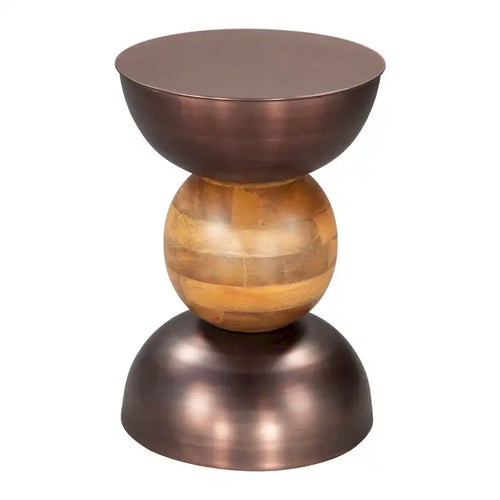 Table d'appoint ronde en bronze et fer marron et bois massif - 14' X '20.3' X '14