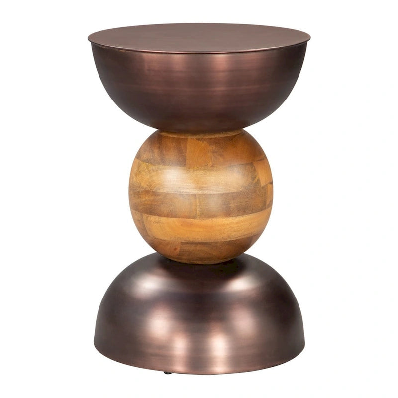 Table d'appoint ronde en bronze et fer marron et bois massif - 14' X '20.3' X '14