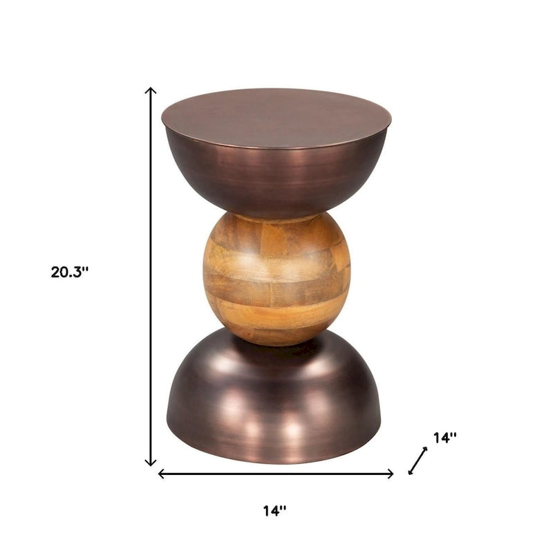 Table d'appoint ronde en bronze et fer marron et bois massif - 14' X '20.3' X '14