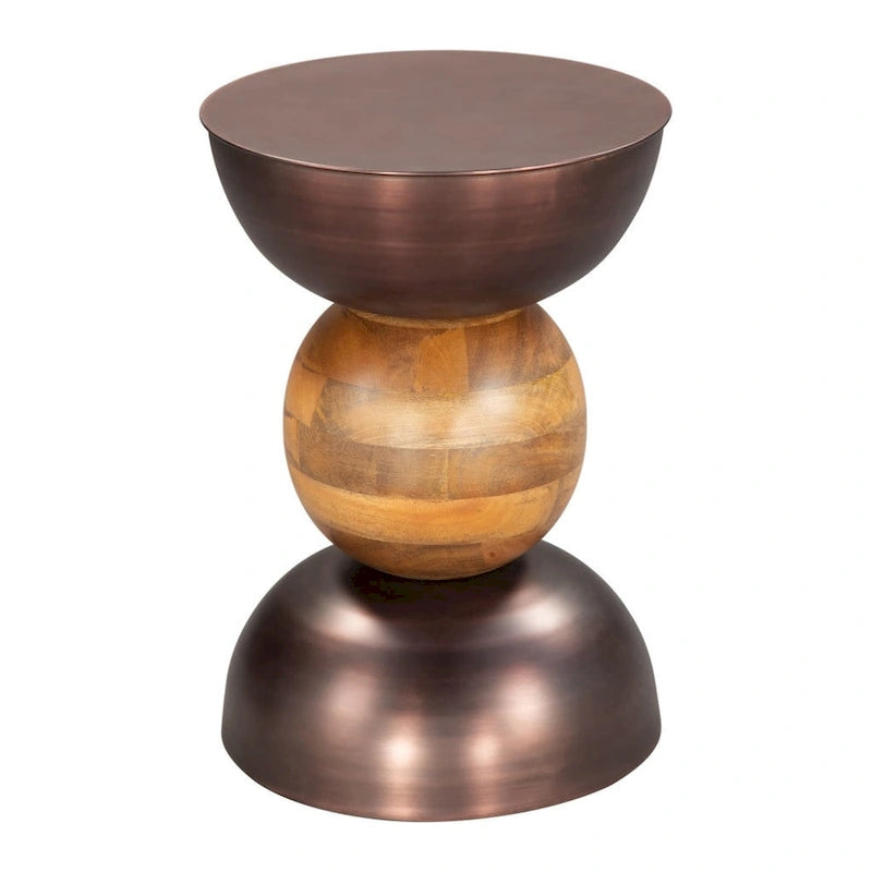 Table d'appoint ronde en bronze et fer marron et bois massif - 14' X '20.3' X '14