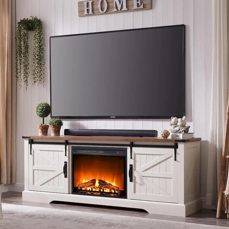 Meuble TV de cheminée de style ferme pour téléviseur de 75 pouces, centre de divertissement rustique