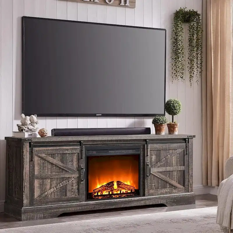 Meuble TV de cheminée de style ferme pour téléviseur de 75 pouces, centre de divertissement rustique