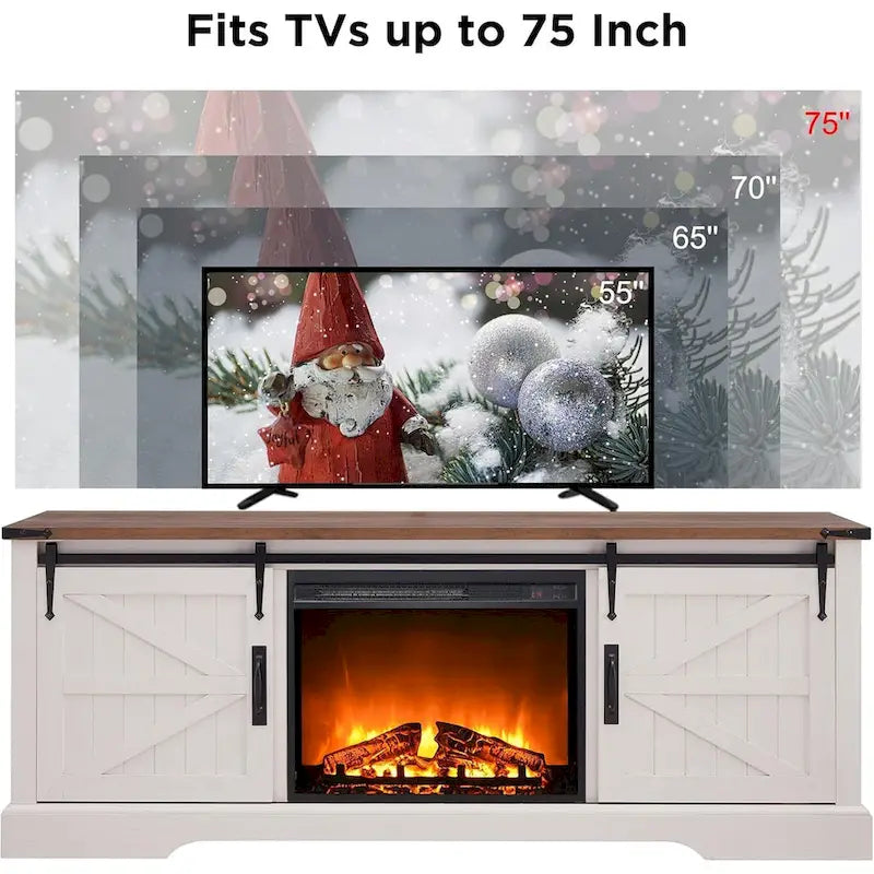 Meuble TV de cheminée de style ferme pour téléviseur de 75 pouces, centre de divertissement rustique