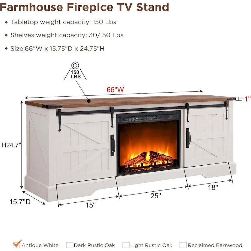 Meuble TV de cheminée de style ferme pour téléviseur de 75 pouces, centre de divertissement rustique
