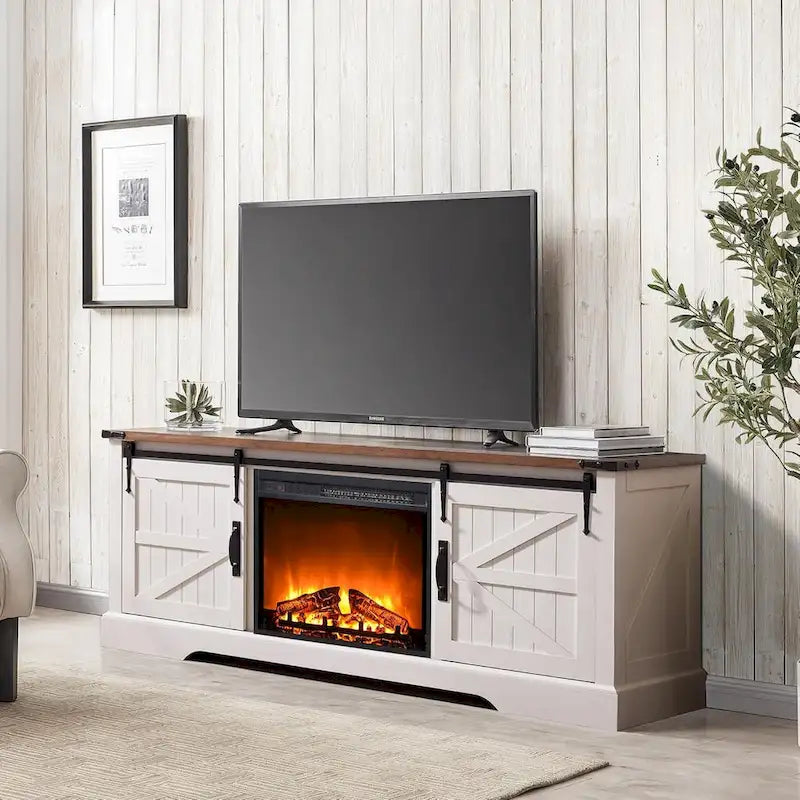 Meuble TV de cheminée de style ferme pour téléviseur de 75 pouces, centre de divertissement rustique