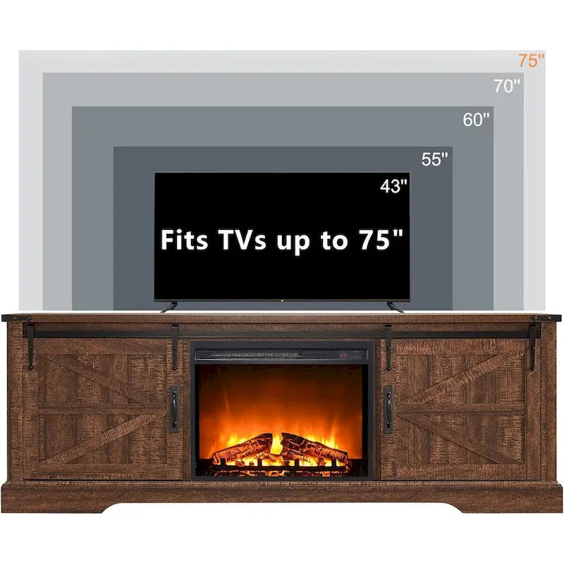 Meuble TV de cheminée de style ferme pour téléviseur de 75 pouces, centre de divertissement rustique
