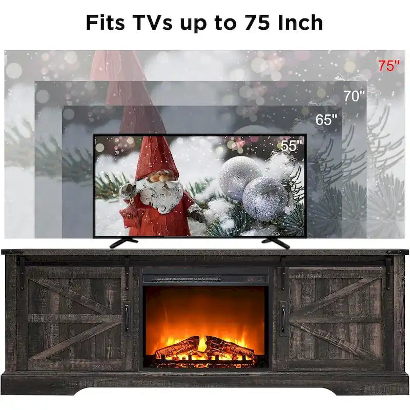 Meuble TV de cheminée de style ferme pour téléviseur de 75 pouces, centre de divertissement rustique