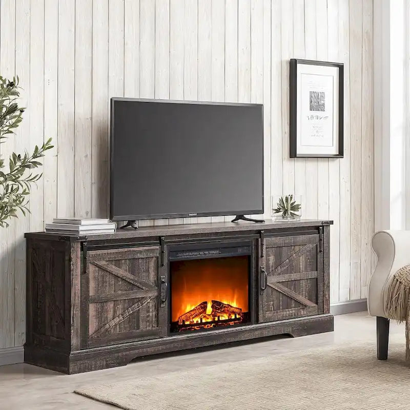 Meuble TV de cheminée de style ferme pour téléviseur de 75 pouces, centre de divertissement rustique