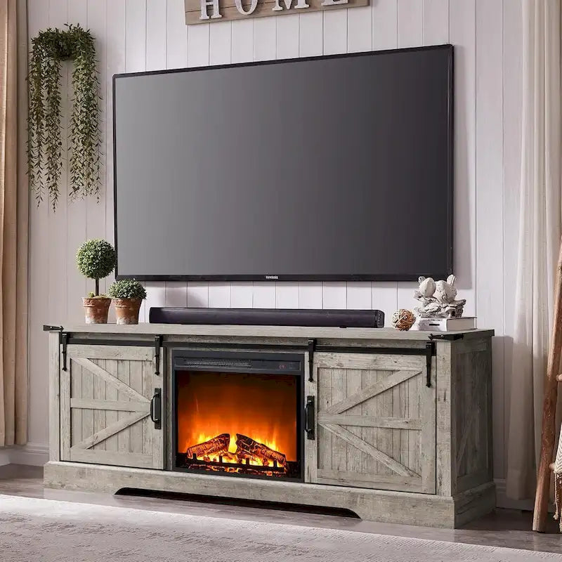 Meuble TV de cheminée de style ferme pour téléviseur de 75 pouces, centre de divertissement rustique