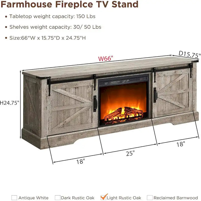 Meuble TV de cheminée de style ferme pour téléviseur de 75 pouces, centre de divertissement rustique