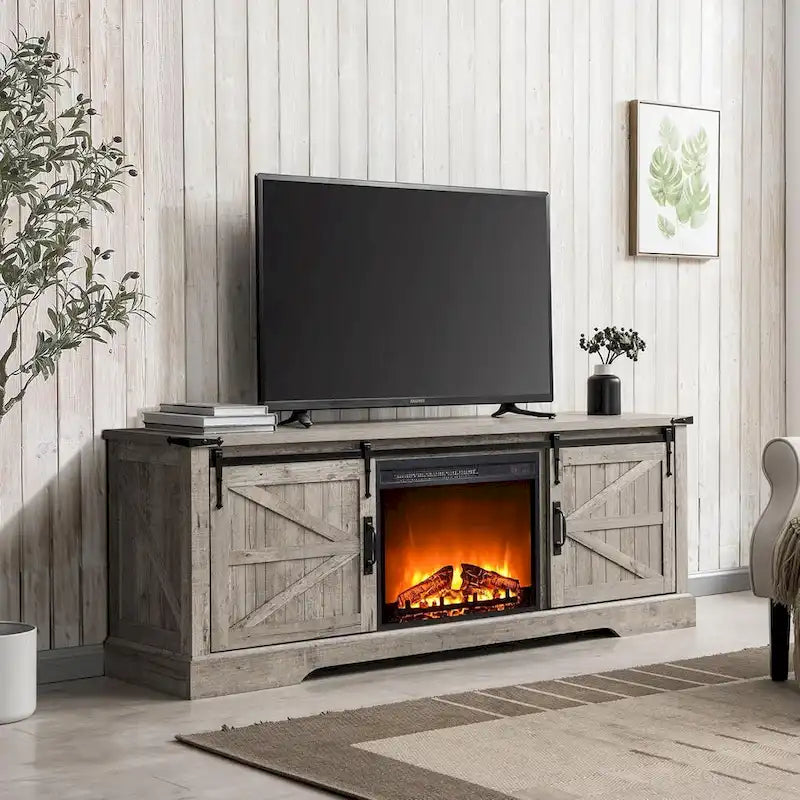 Meuble TV de cheminée de style ferme pour téléviseur de 75 pouces, centre de divertissement rustique