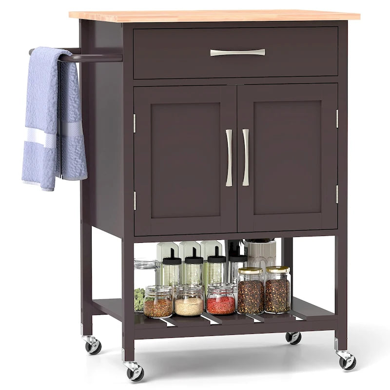 Desserte de cuisine roulante avec tiroir et armoire de rangement à 2 portes