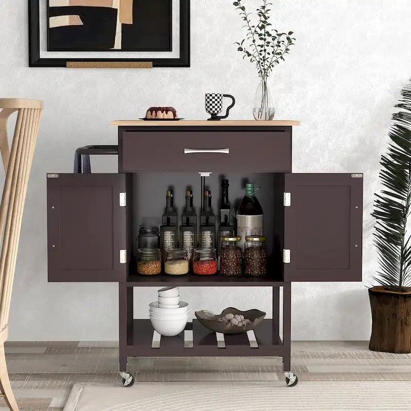 Desserte de cuisine roulante avec tiroir et armoire de rangement à 2 portes