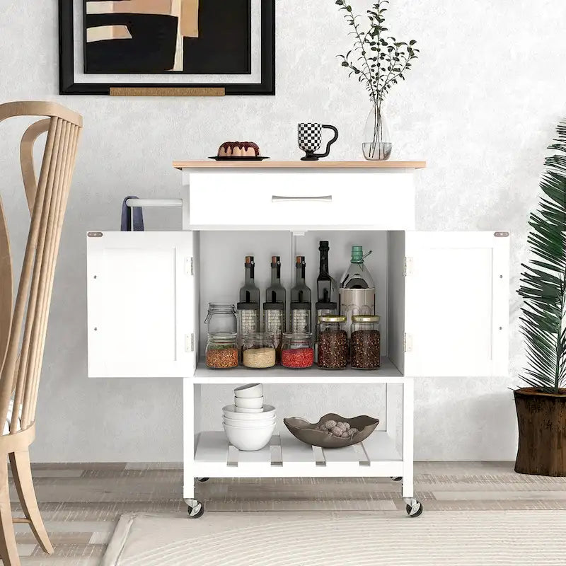 Desserte de cuisine roulante avec tiroir et armoire de rangement à 2 portes