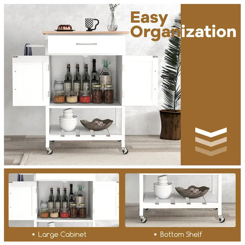 Desserte de cuisine roulante avec tiroir et armoire de rangement à 2 portes