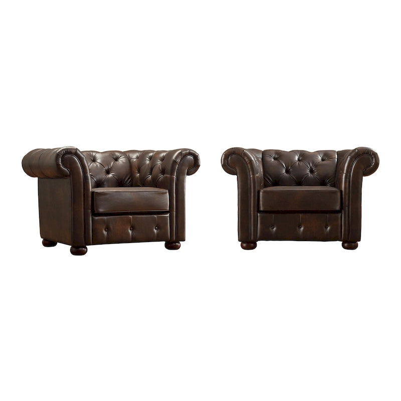 Fauteuil Chesterfield capitonné à accoudoirs volutes