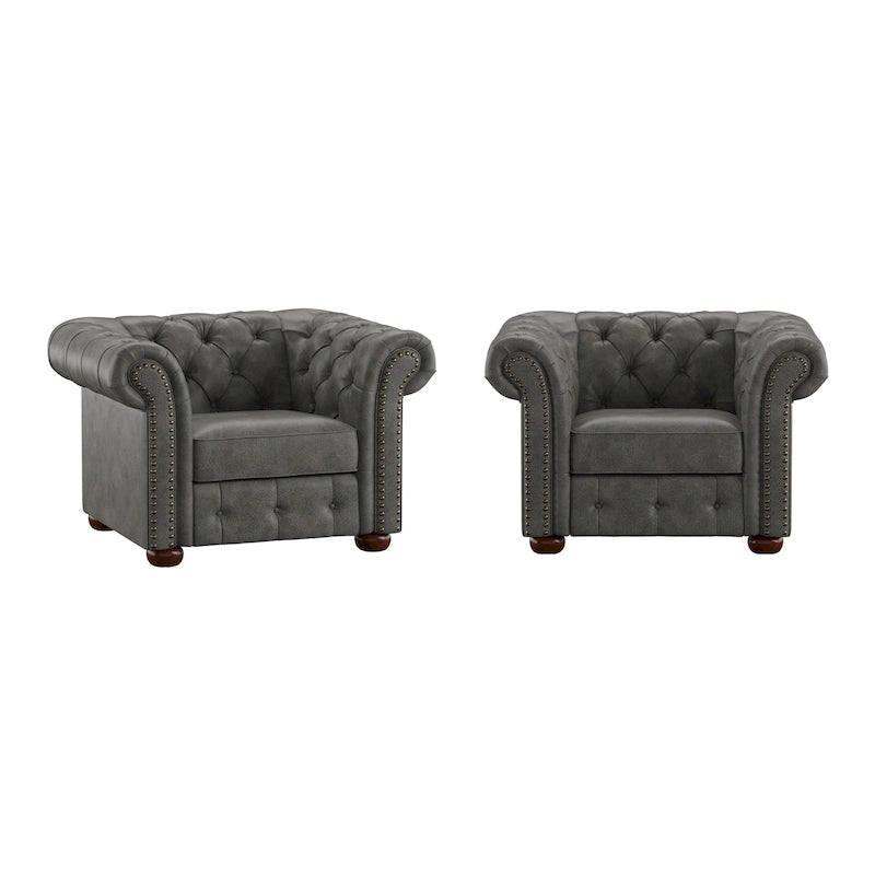 Fauteuil Chesterfield capitonné à accoudoirs volutes