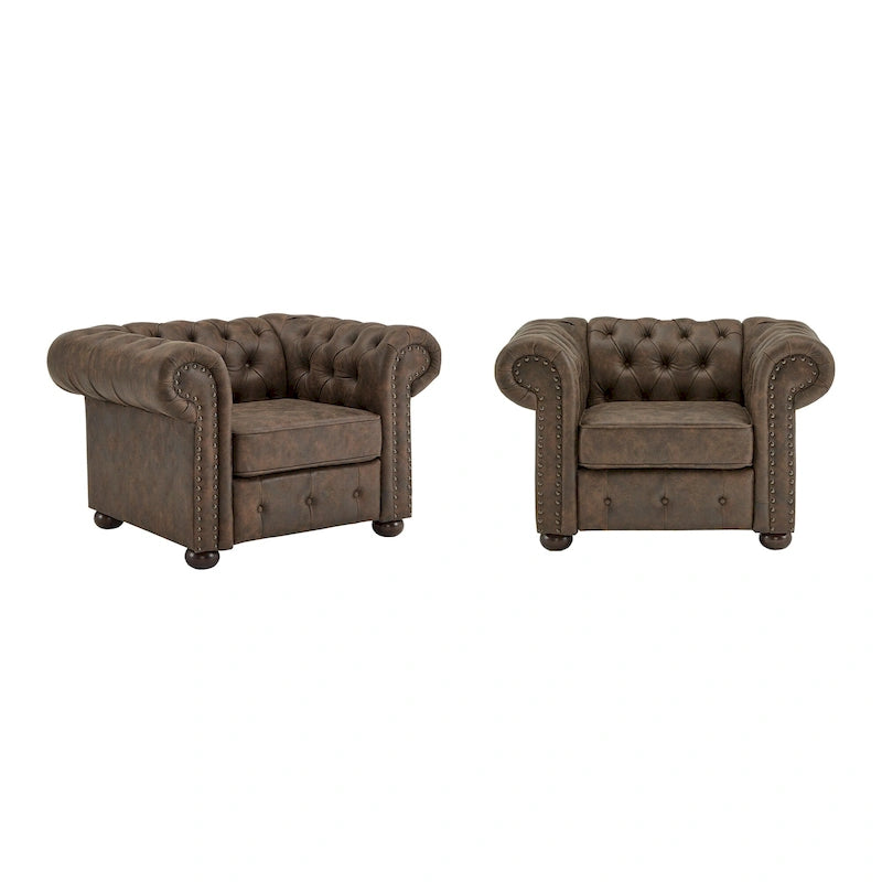 Fauteuil Chesterfield capitonné à accoudoirs volutes