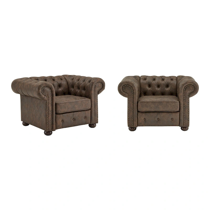 Fauteuil Chesterfield capitonné à accoudoirs volutes