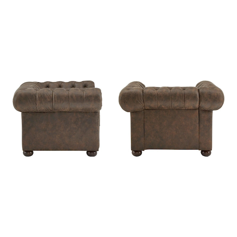 Fauteuil Chesterfield capitonné à accoudoirs volutes