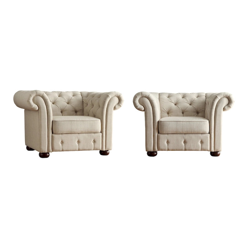 Fauteuil Chesterfield capitonné à accoudoirs volutes
