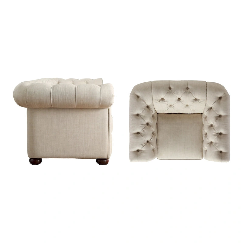 Fauteuil Chesterfield capitonné à accoudoirs volutes