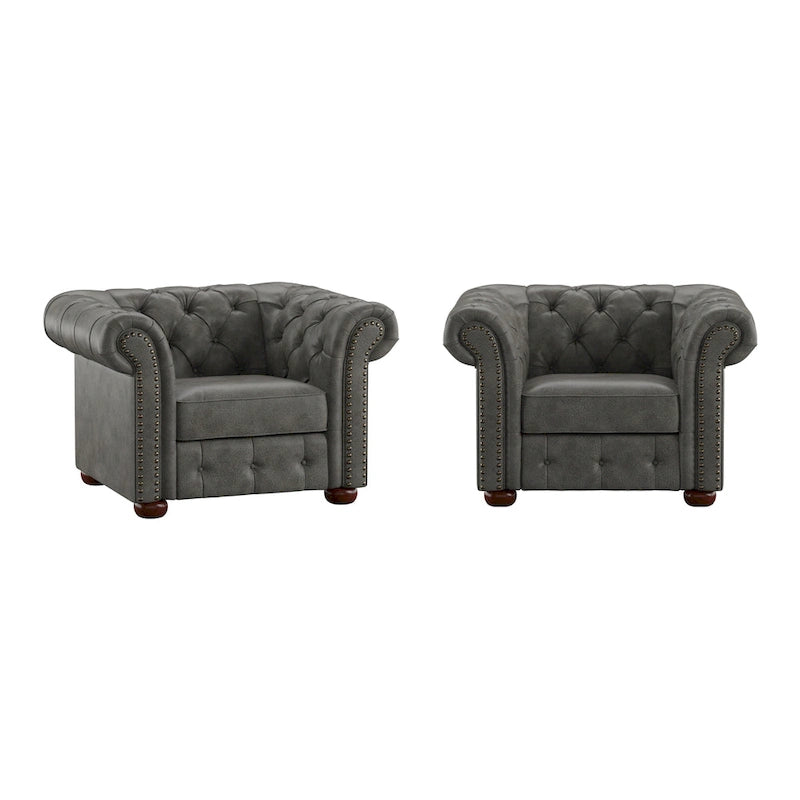 Fauteuil Chesterfield capitonné à accoudoirs volutes