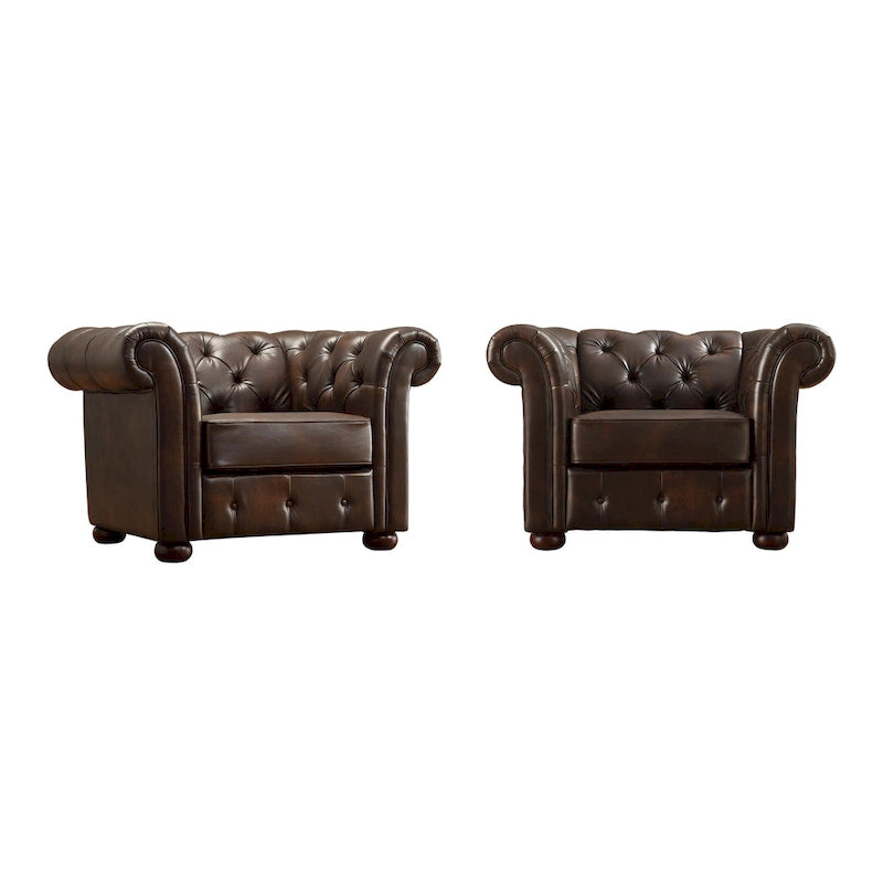 Fauteuil Chesterfield capitonné à accoudoirs volutes