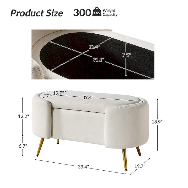 Banc de rangement de 39,4 po de large avec pieds en métal