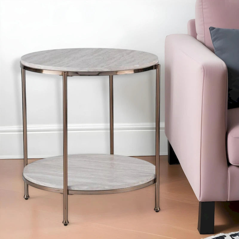 Table d'appoint ronde en faux marbre et fer coloris champagne avec étagère - 22x22x24,25