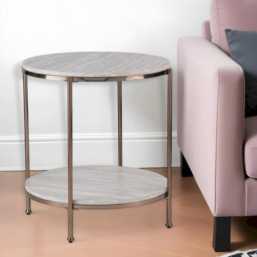 Table d'appoint ronde en faux marbre et fer coloris champagne avec étagère - 22x22x24,25