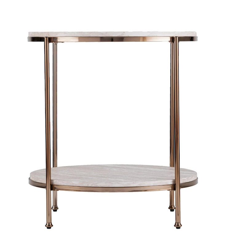 Table d'appoint ronde en faux marbre et fer coloris champagne avec étagère - 22x22x24,25