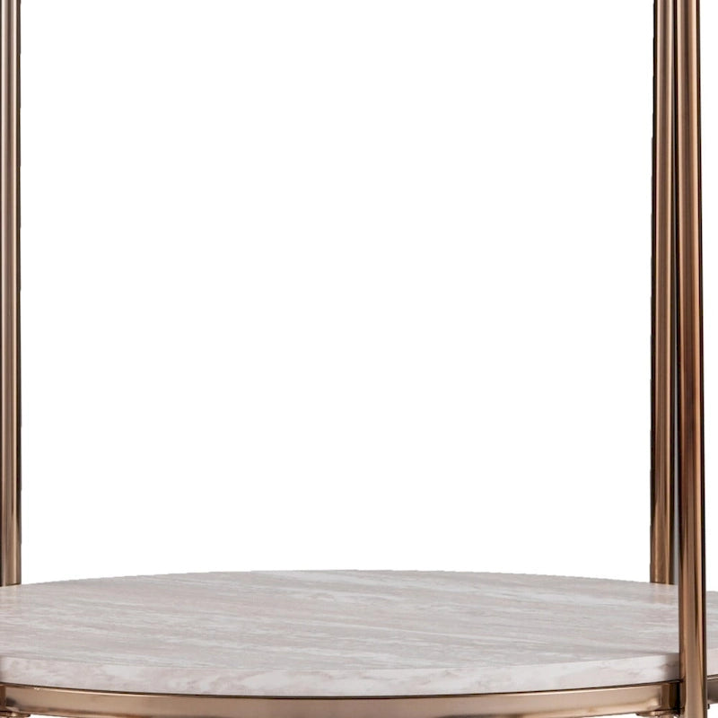 Table d'appoint ronde en faux marbre et fer coloris champagne avec étagère - 22x22x24,25