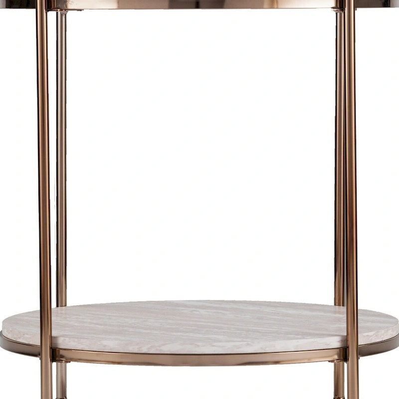 Table d'appoint ronde en faux marbre et fer coloris champagne avec étagère - 22x22x24,25