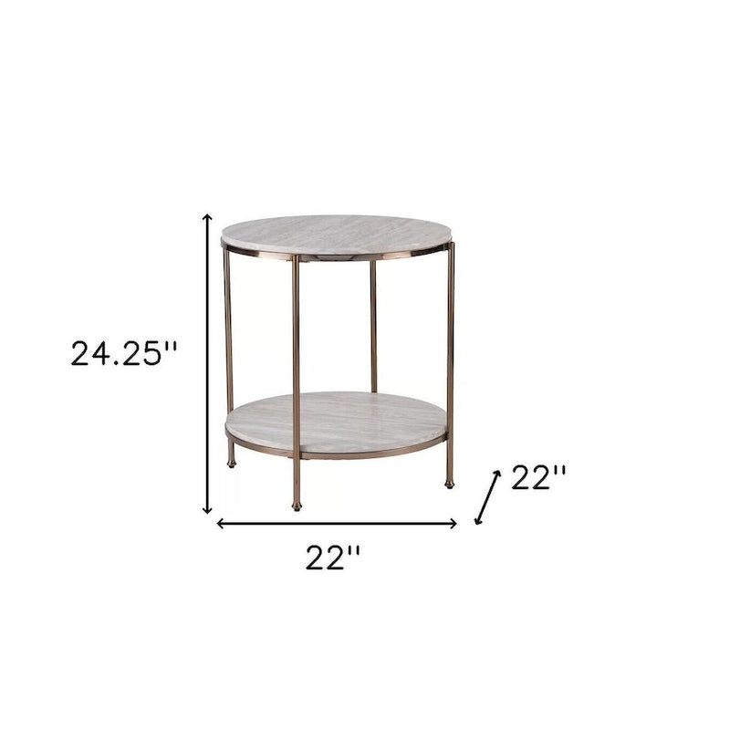 Table d'appoint ronde en faux marbre et fer coloris champagne avec étagère - 22x22x24,25