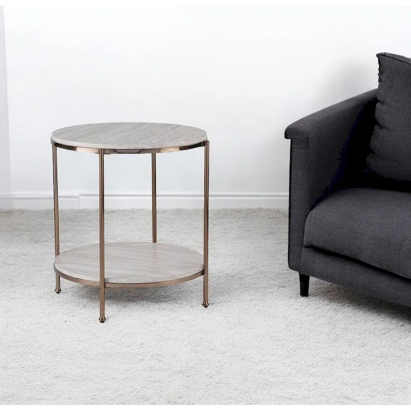 Table d'appoint ronde en faux marbre et fer coloris champagne avec étagère - 22x22x24,25