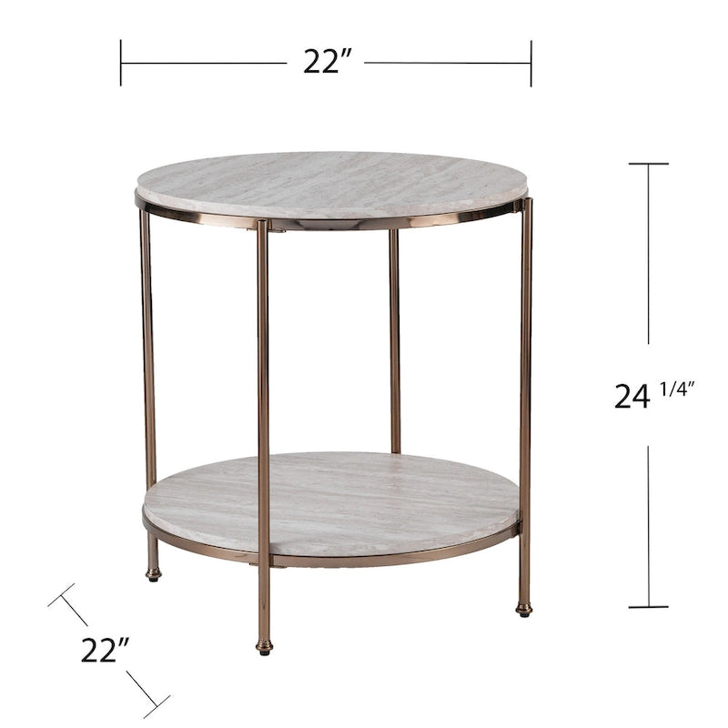 Table d'appoint ronde en faux marbre et fer coloris champagne avec étagère - 22x22x24,25