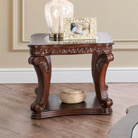 Table d'appoint traditionnelle de 66 cm | Finition chêne | Plateau en verre | Base d'étagère en bois | Salon