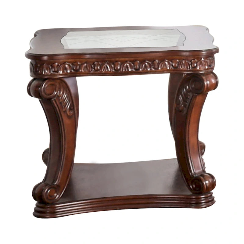 Table d'appoint traditionnelle de 66 cm | Finition chêne | Plateau en verre | Base d'étagère en bois | Salon