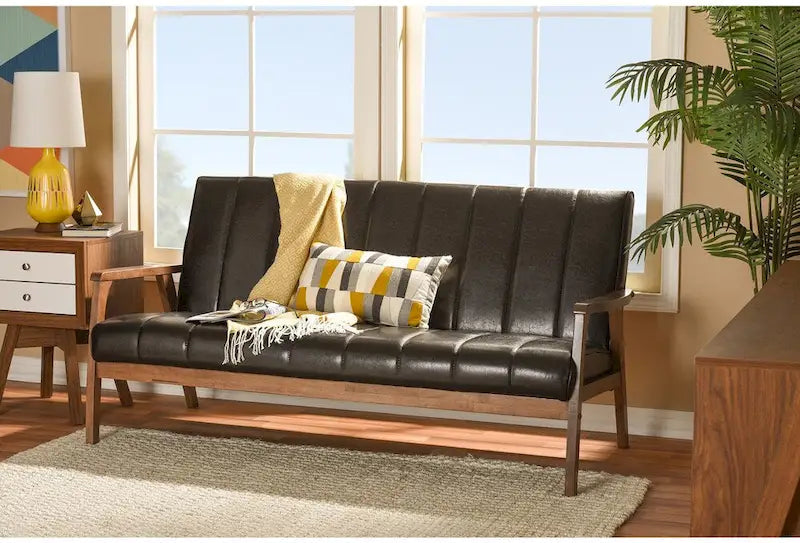 Baxton Studio Nikko Mid-century Modern Scandinavian Style Dark Brown Faux Leather Wooden 3-Seater Sofa