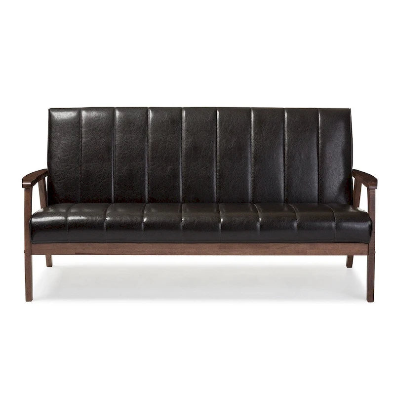 Canapé 3 places scandinave Mid-Century | Simili cuir marron foncé | Cadre en bois