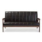 Canapé 3 places scandinave Mid-Century | Simili cuir marron foncé | Cadre en bois