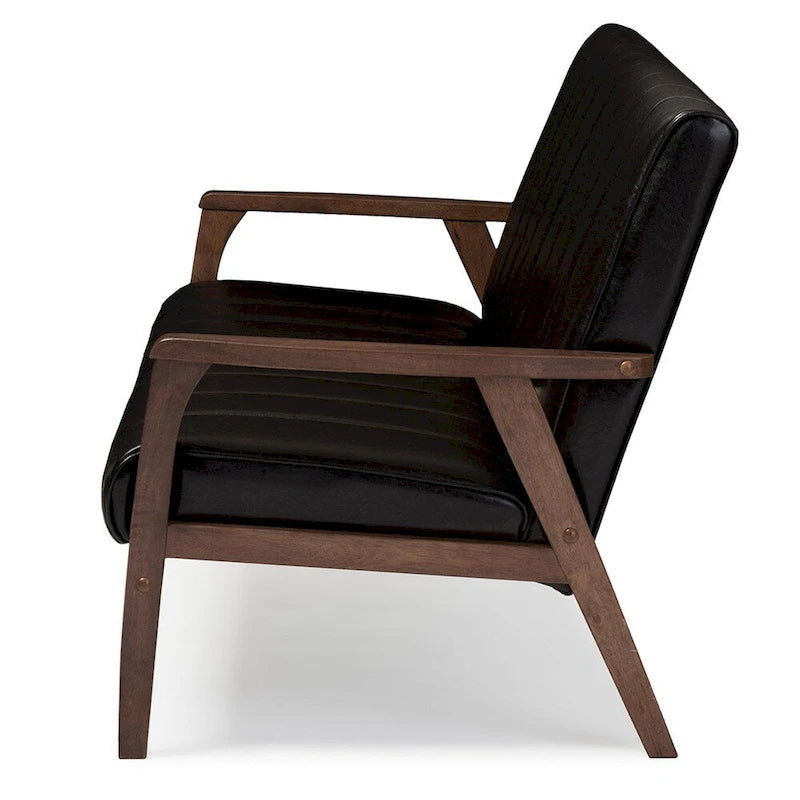 Canapé 3 places scandinave Mid-Century | Simili cuir marron foncé | Cadre en bois