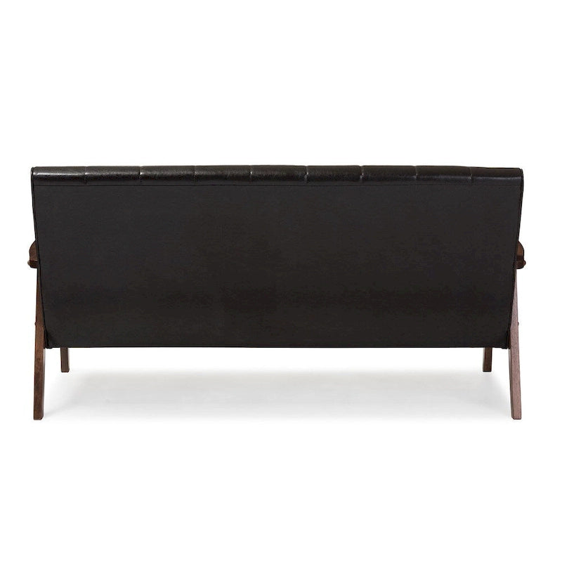 Canapé 3 places scandinave Mid-Century | Simili cuir marron foncé | Cadre en bois