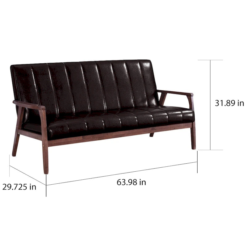Canapé 3 places scandinave Mid-Century | Simili cuir marron foncé | Cadre en bois