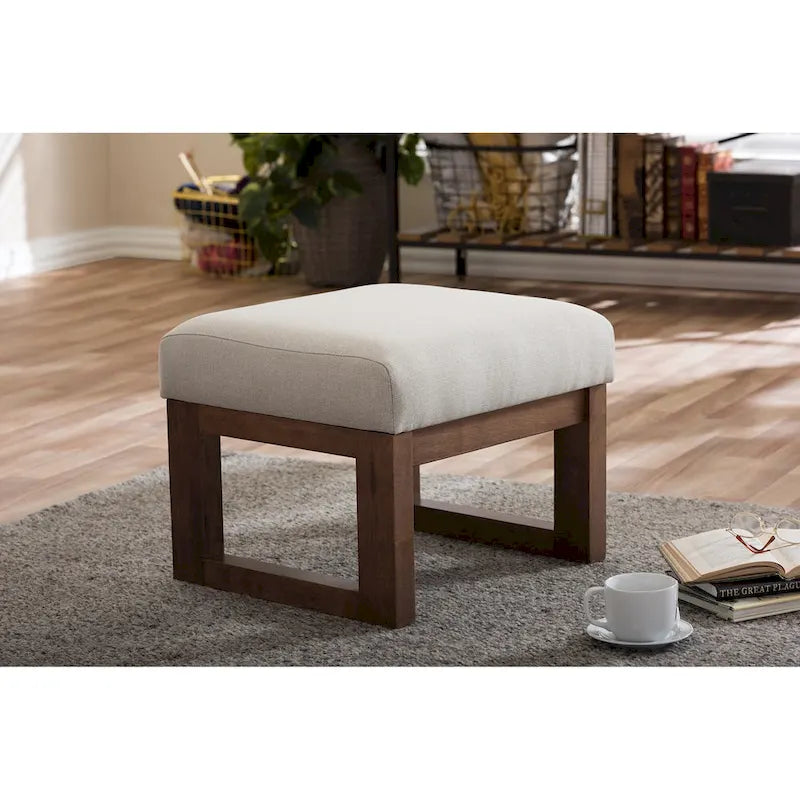 Tabouret ottoman rembourré de style Mid-Century Modern | Tissu beige clair | Pieds en bois massif